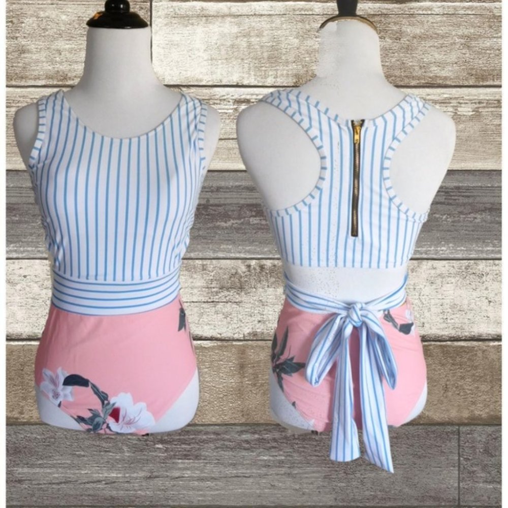 BLUE STRIPE/ PEACH RACER ZIP BACK CUT OUT ONE PIECE SWIMSUIT